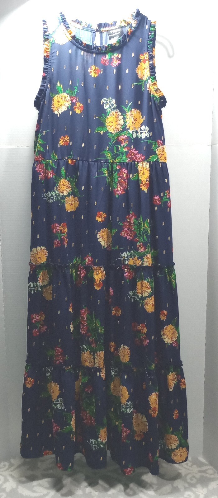 Zunie Women’s Dress Size Medium 10/12 Floral Print Gold Metallic Accents Ruffles