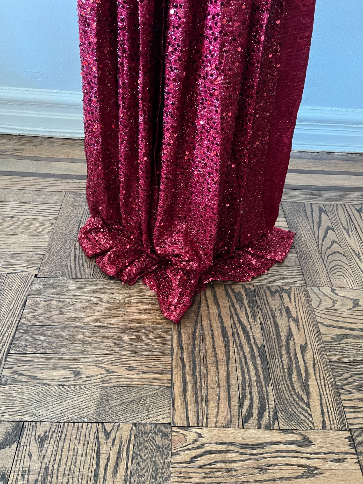 Burgundy Red Sequin Long Sleeve Mermaid Gown Low Back Satin Sash Formal Dress