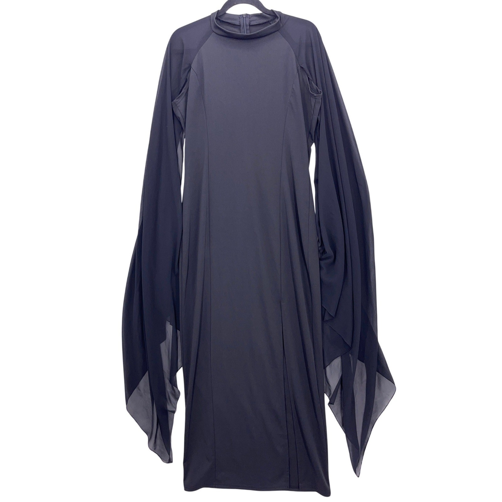 Black Cape Sleeve Maxi Dress L Mock Neck Front Slit 60s 70s