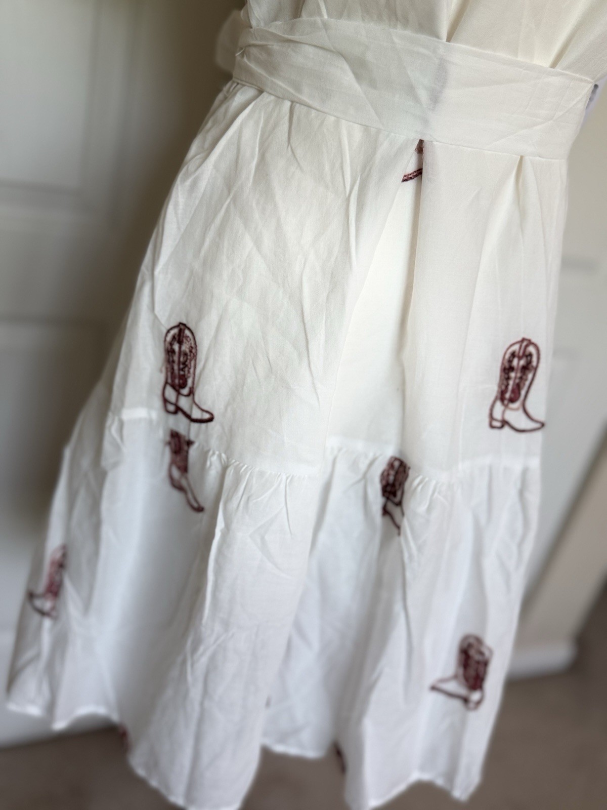 Kindred Dress White Cowboy Brown Boot Print Tie-Waist Western Babydoll M