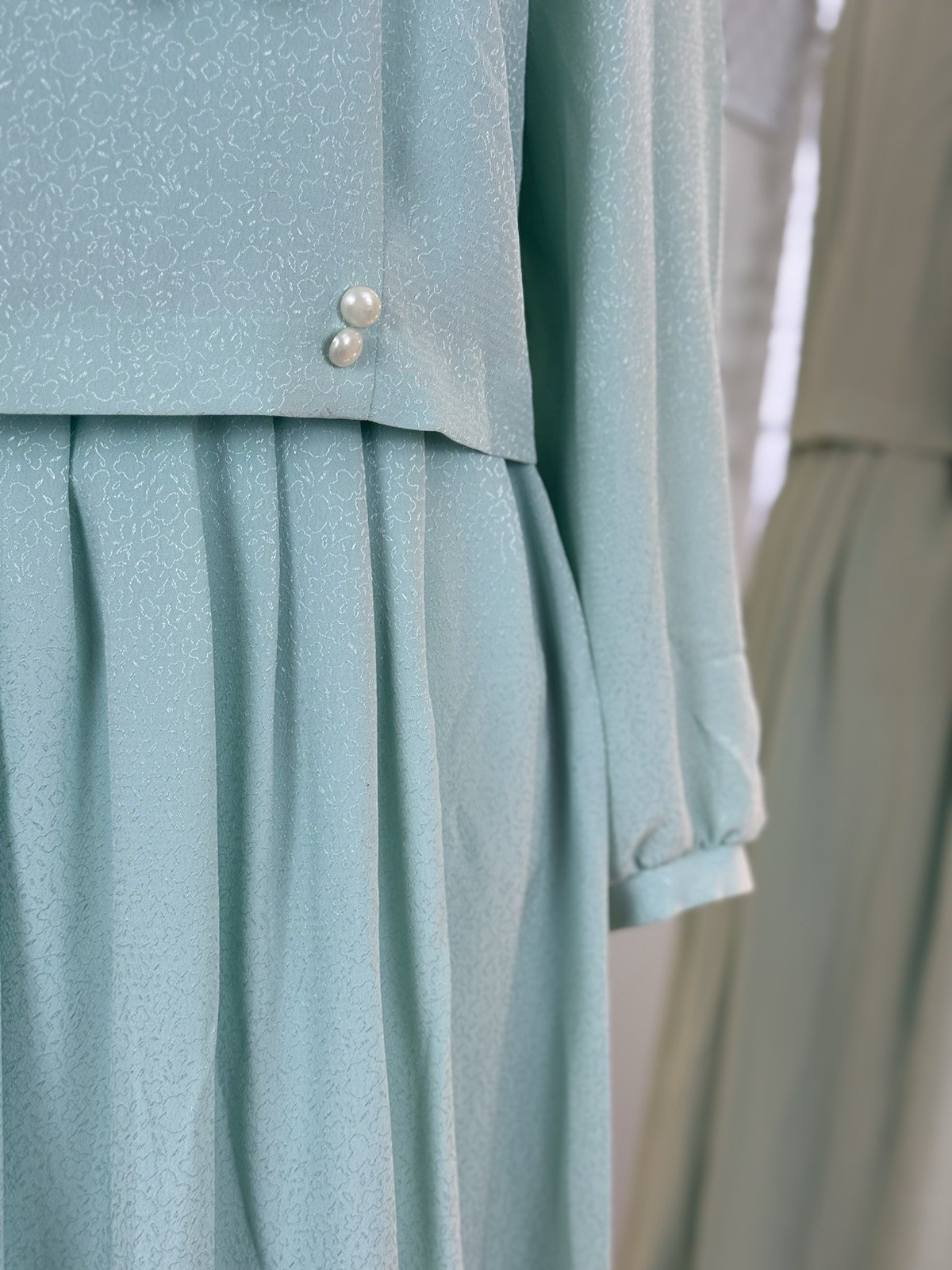 Fransoise Bow Neck Midi Dress Long Sleeve Pearl Button Detail Pleated Skirt