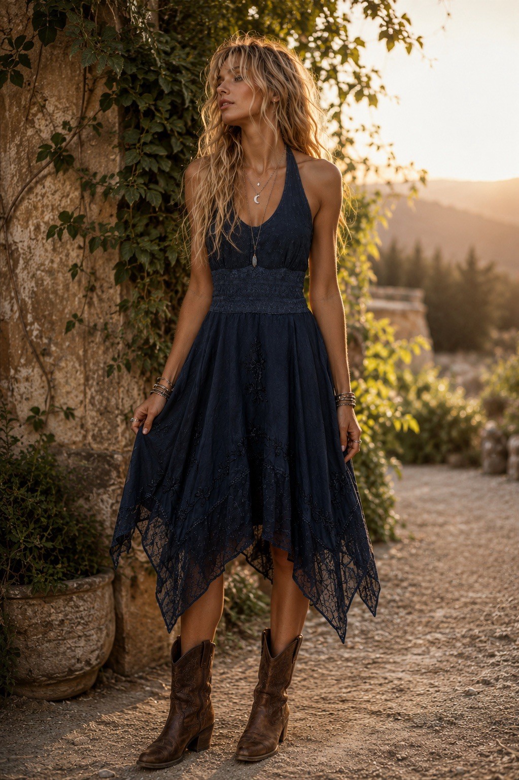 Boho Halter Handkerchief Hem Midi Dress Embroidered Lace Fairy Cottage Whimsical