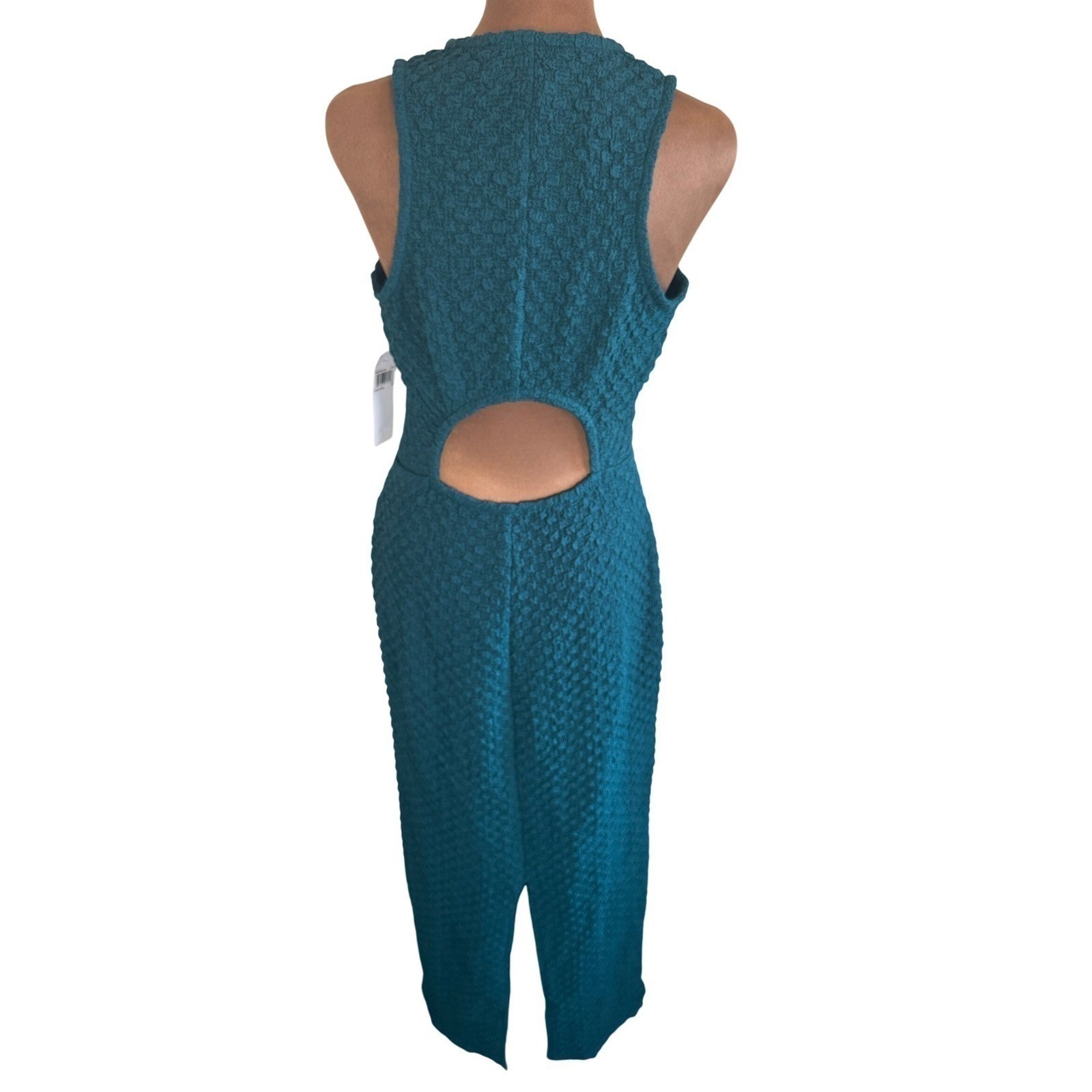 Donna Morgan Teal Maxi Dress Textured Knit Cutout Back Stretch NWT 6 Sleek