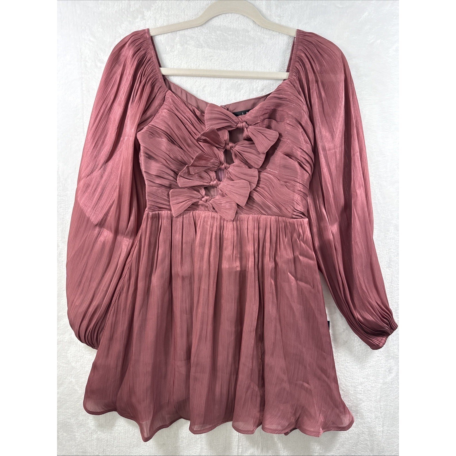 Lulus Mauve Pink Pleated Bow Front Balloon Sleeve Mini Dress Small New