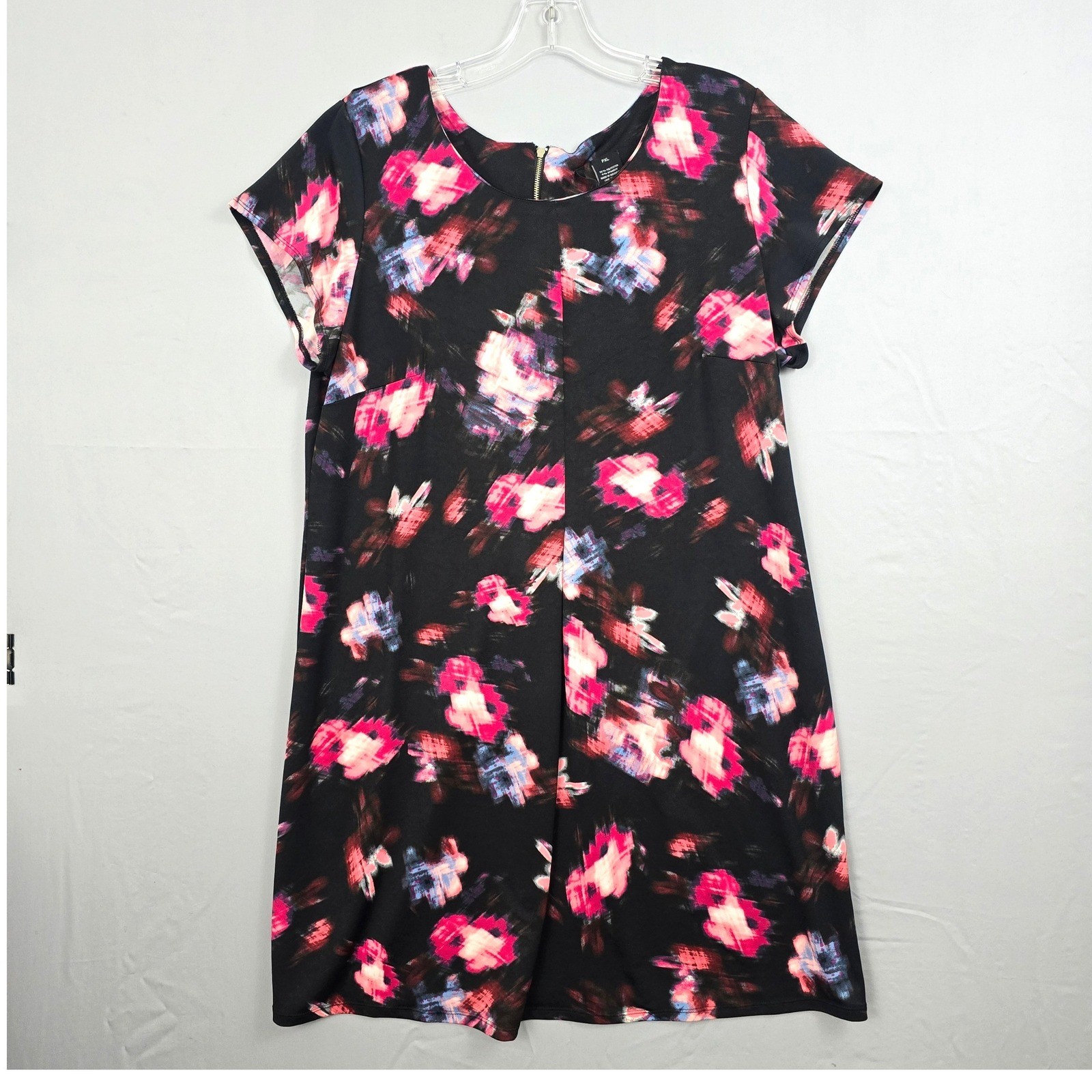 New Directions Petite Short Sleeve Back Zipper Round Neck Print Black Dress PXL