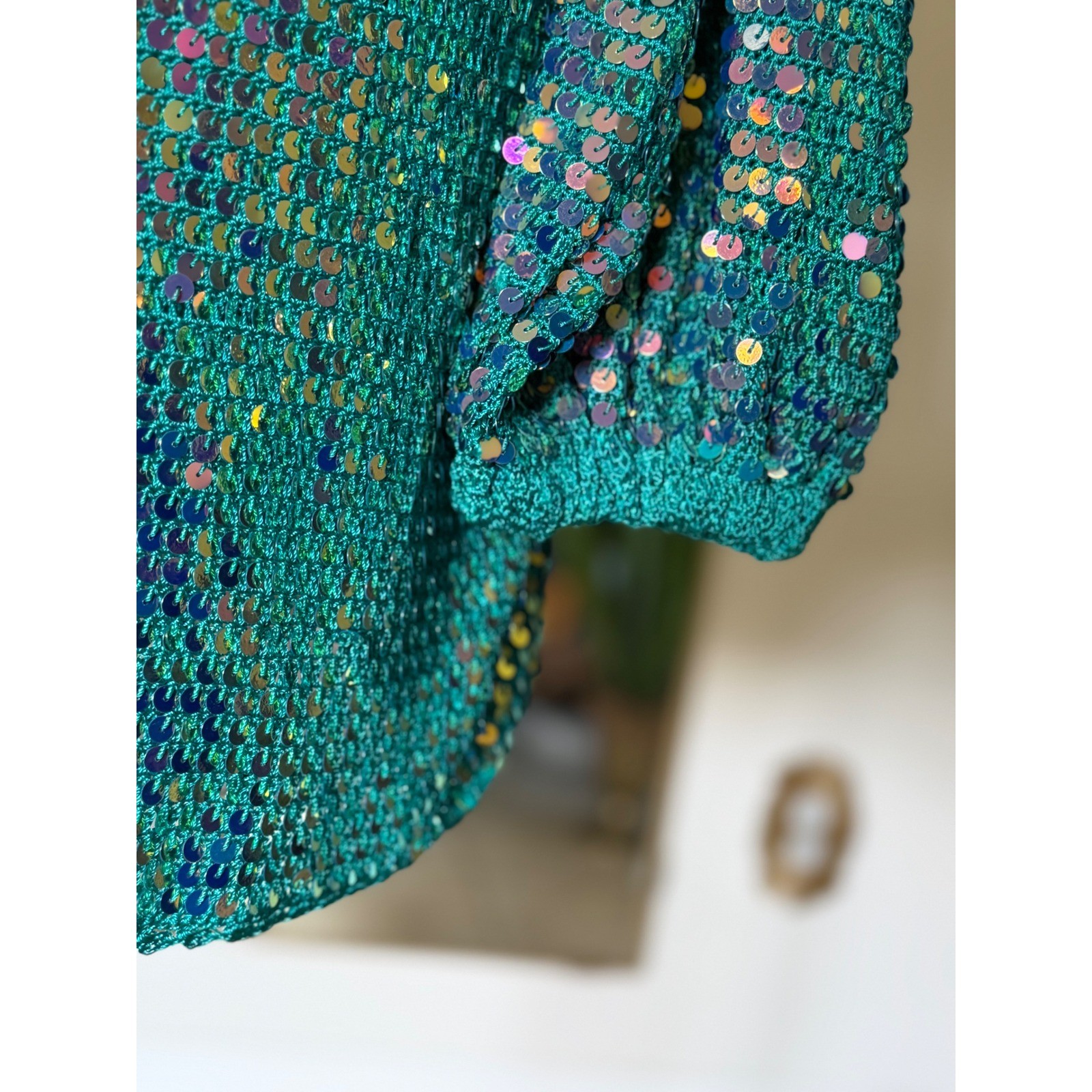 Retrofête Teal Sequin Crochet Mini Dress Open Back Iridescent Green M/L