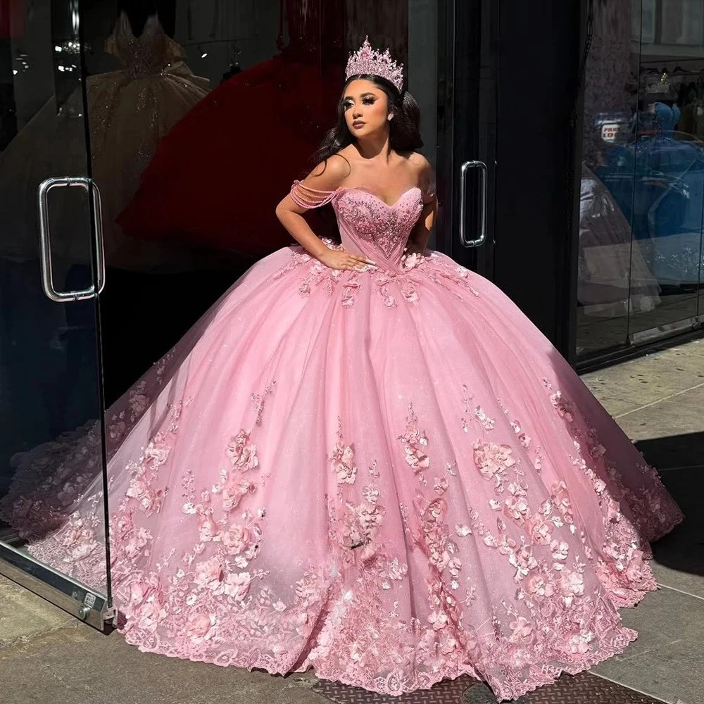 Off Shoulder Hot Pink 3D Floral Sparkle Tulle Quinceanera Ball Gown With Train