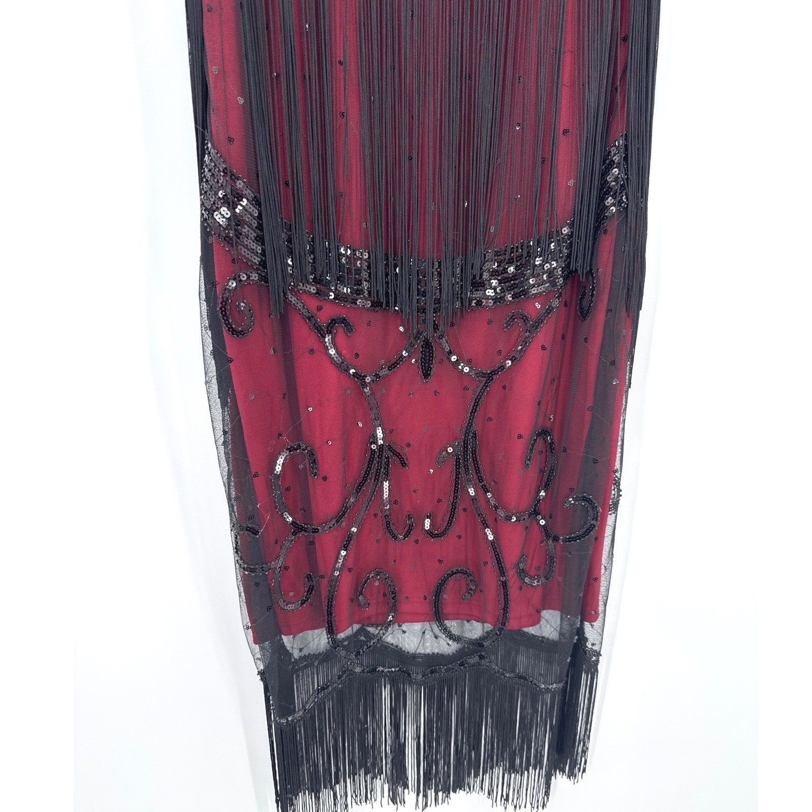 Flapper Sequin Great Gatsby 1920’s Style Fringe Dress Large Red Black Sequin