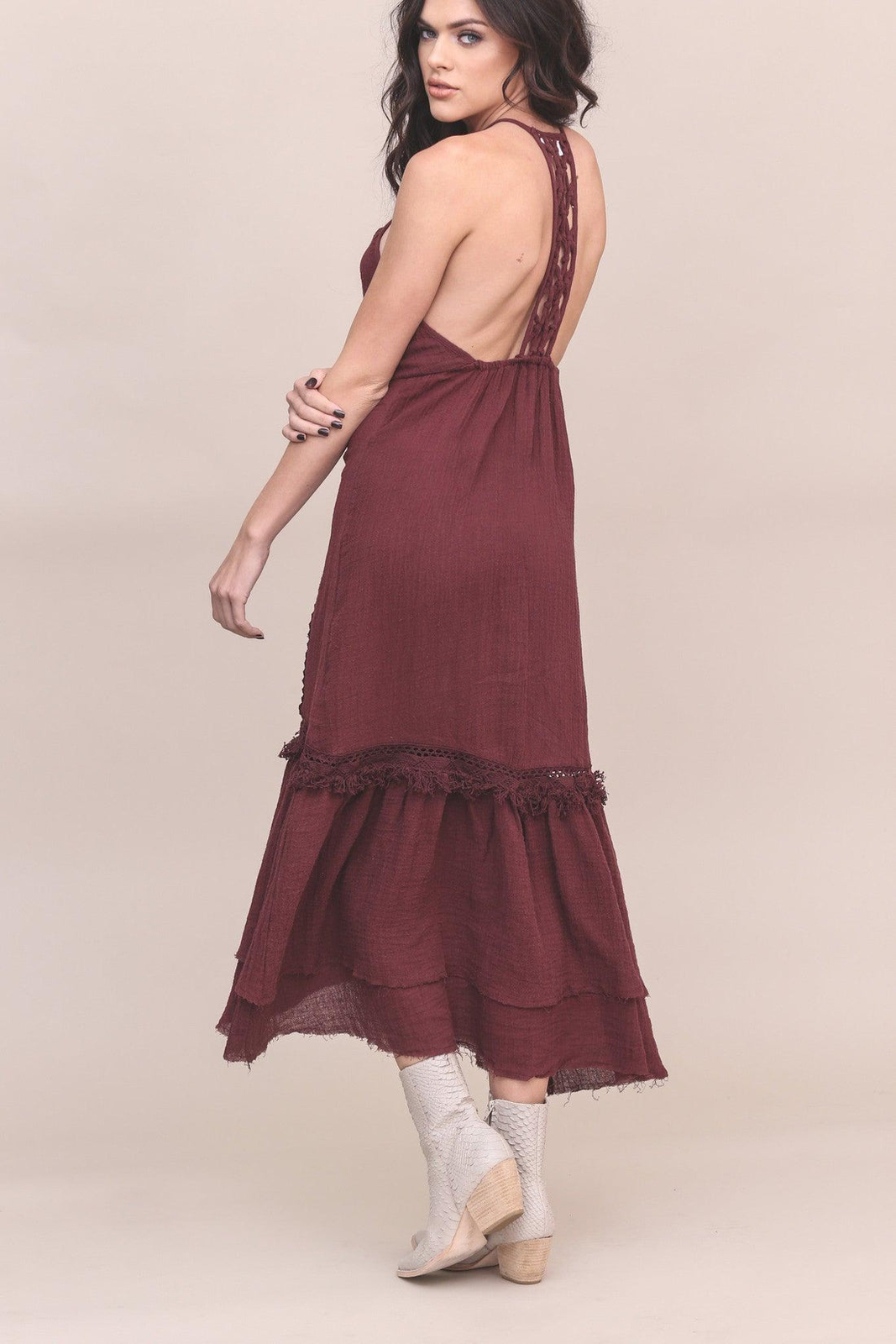 NWT~SOME DAYS LOVIN~Eggplant CROCHET & FRINGE Macrame BOHO Linen DRESS~S~NEW!