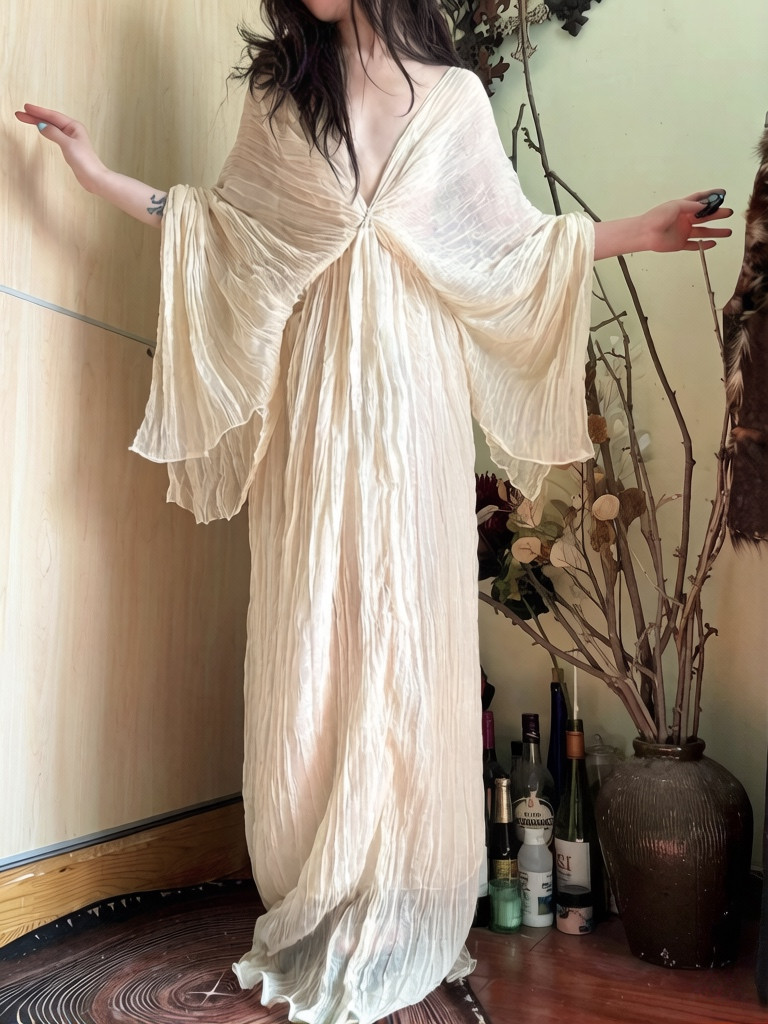 Boho Goddess Sheer Gauze Maxi Dress Fairycore Beach Cover Up Kimono Sleeve Gown