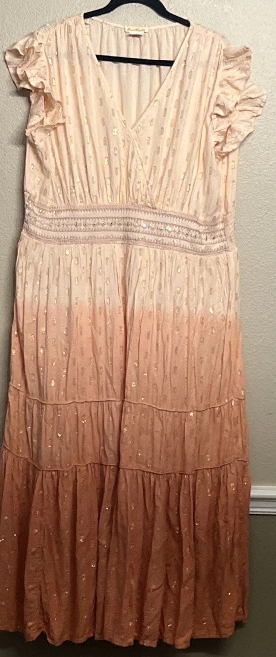 Sweet Magnolia Tiered Maxi Dress Peach Ombre Metallic Ruffle Sleeve Size XL