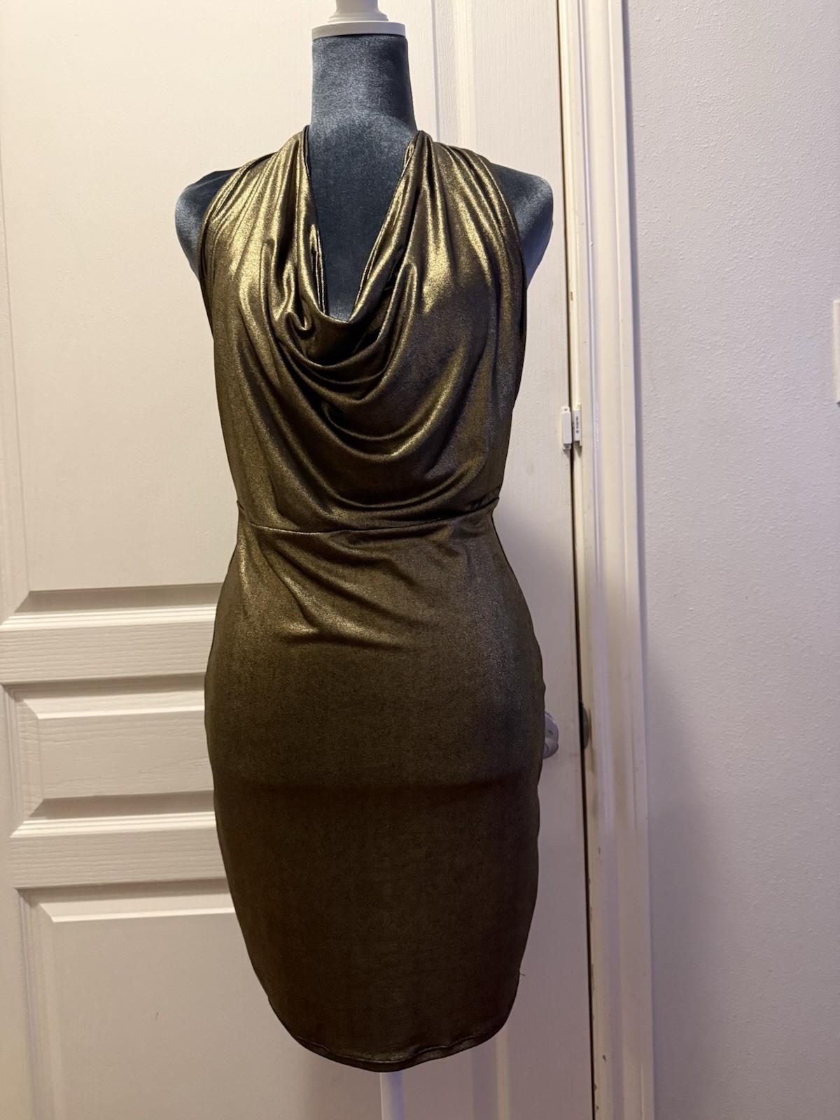 Blue Gold Metallic Halter Cowl Neck Bodycon Sheath Knee Length Stretch S