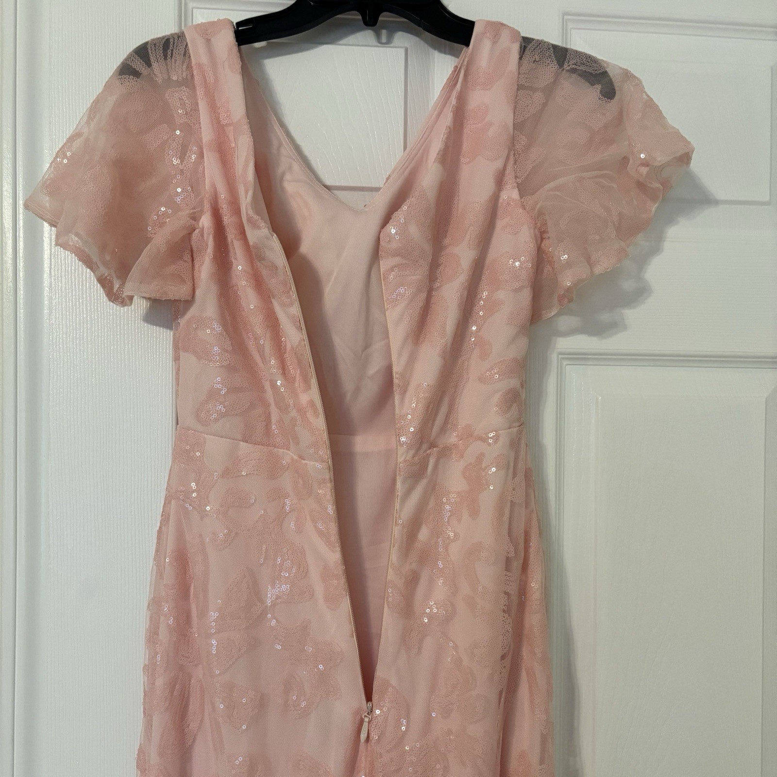 Pink Sequin Gown Flutter Sleeve V Neck Prom Wedding Evening Formal Dress Size 4