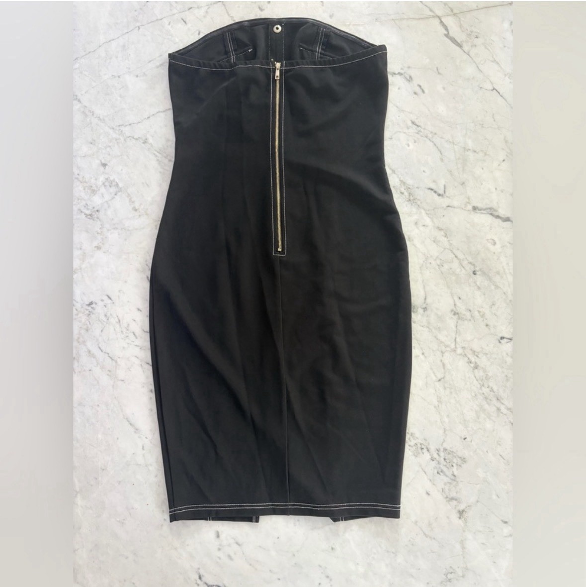Privy Black Denim Strapless Stretch Button Front Zip Bodycon Sheath Dress M