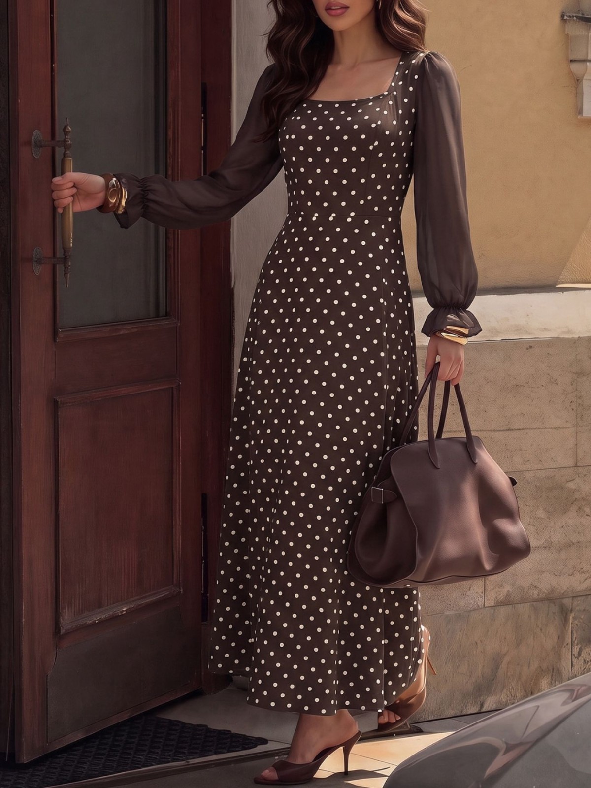 Women’s Polka Dot Square Neck Long Sleeve Maxi Dress