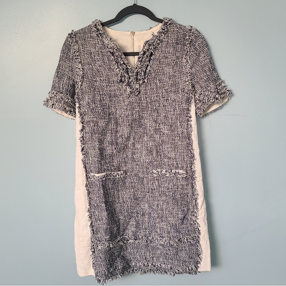 McGinn “Sandy” Womens 8 Dress Chic Tweed Short Sleeve Frayed Hem Panel Mini 8