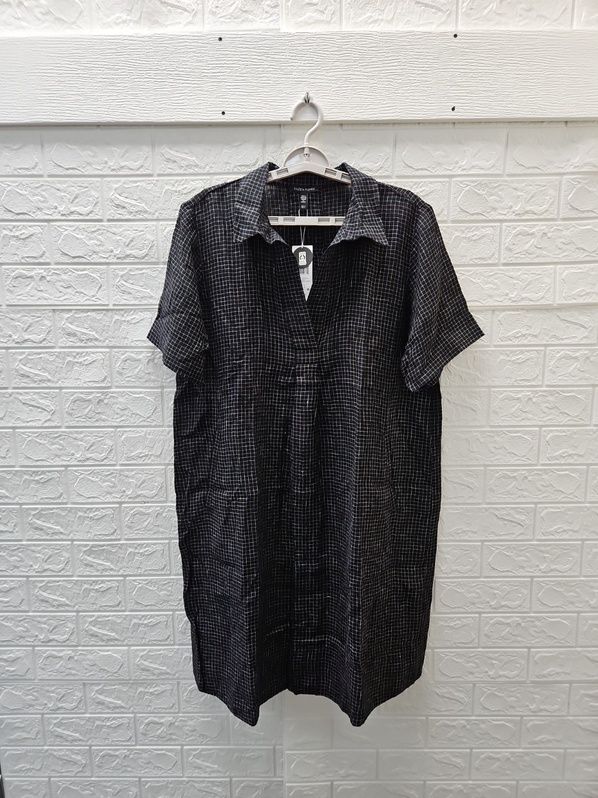 New Eileen Fisher Puckered Linen Grid Classic Collar Dress Black/White Sz S