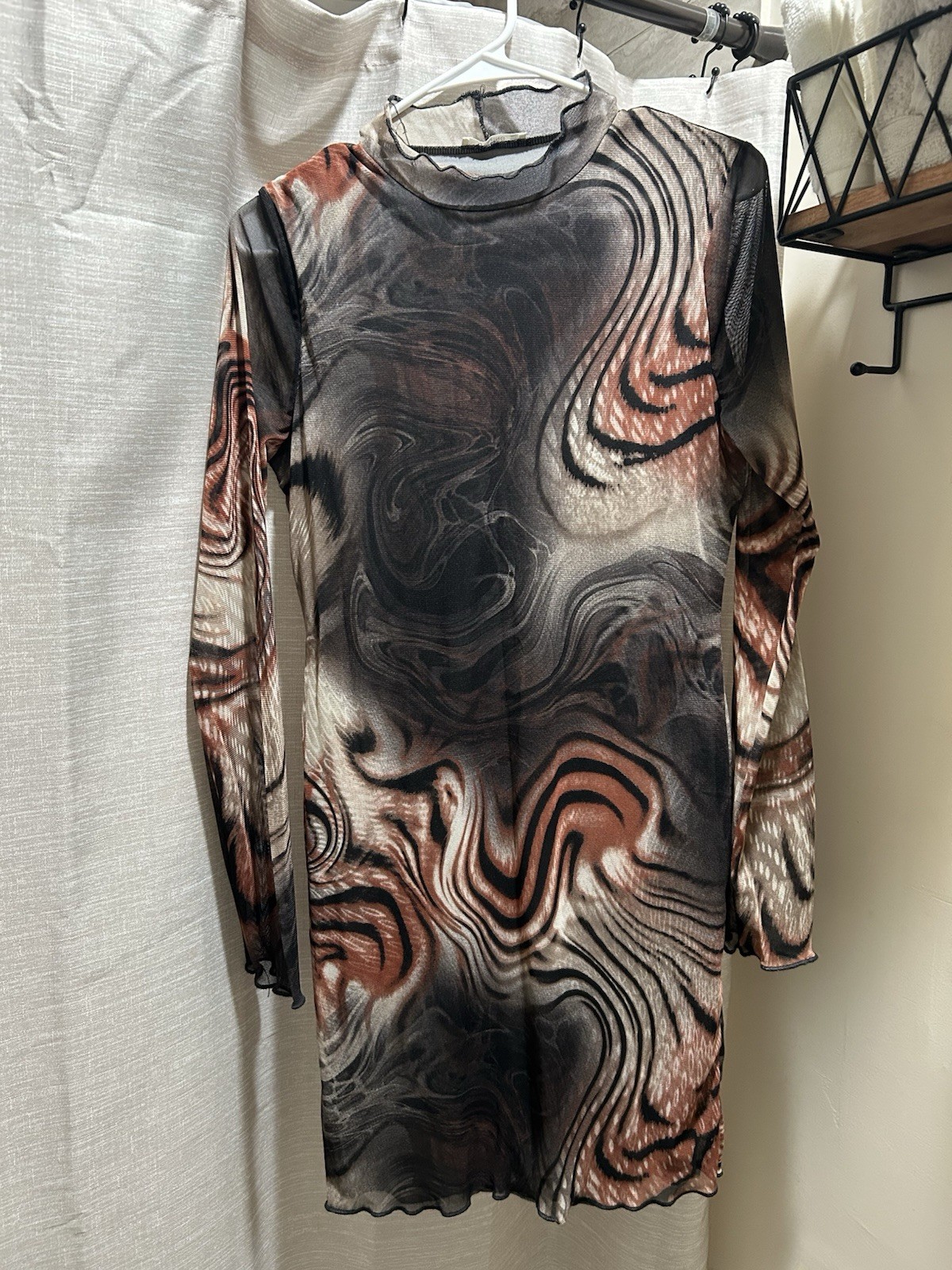 Women’s Black Brown Beige Abstract Mesh Sheer Mock Neck Bodycon Mini Dress L