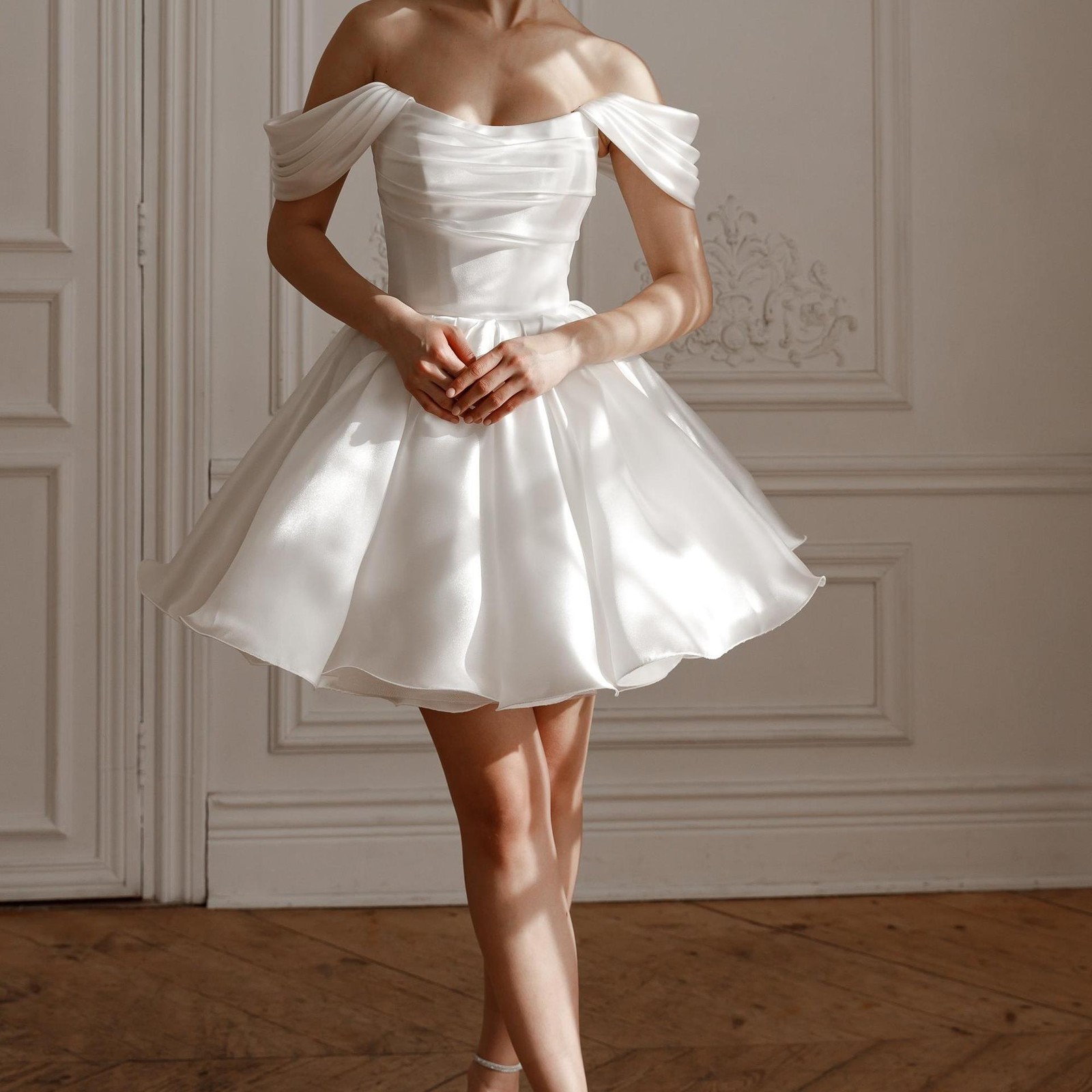 Off Shoulder Draped Mini Dress Pleated Bodice Ruffle Hem Wedding Party GownWhite