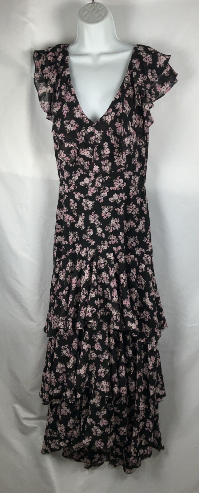 WAYF Woman’s Small Black Tiered Ruffle Floral Hi/Lo Hem Chiffon Lined Maxi Dress