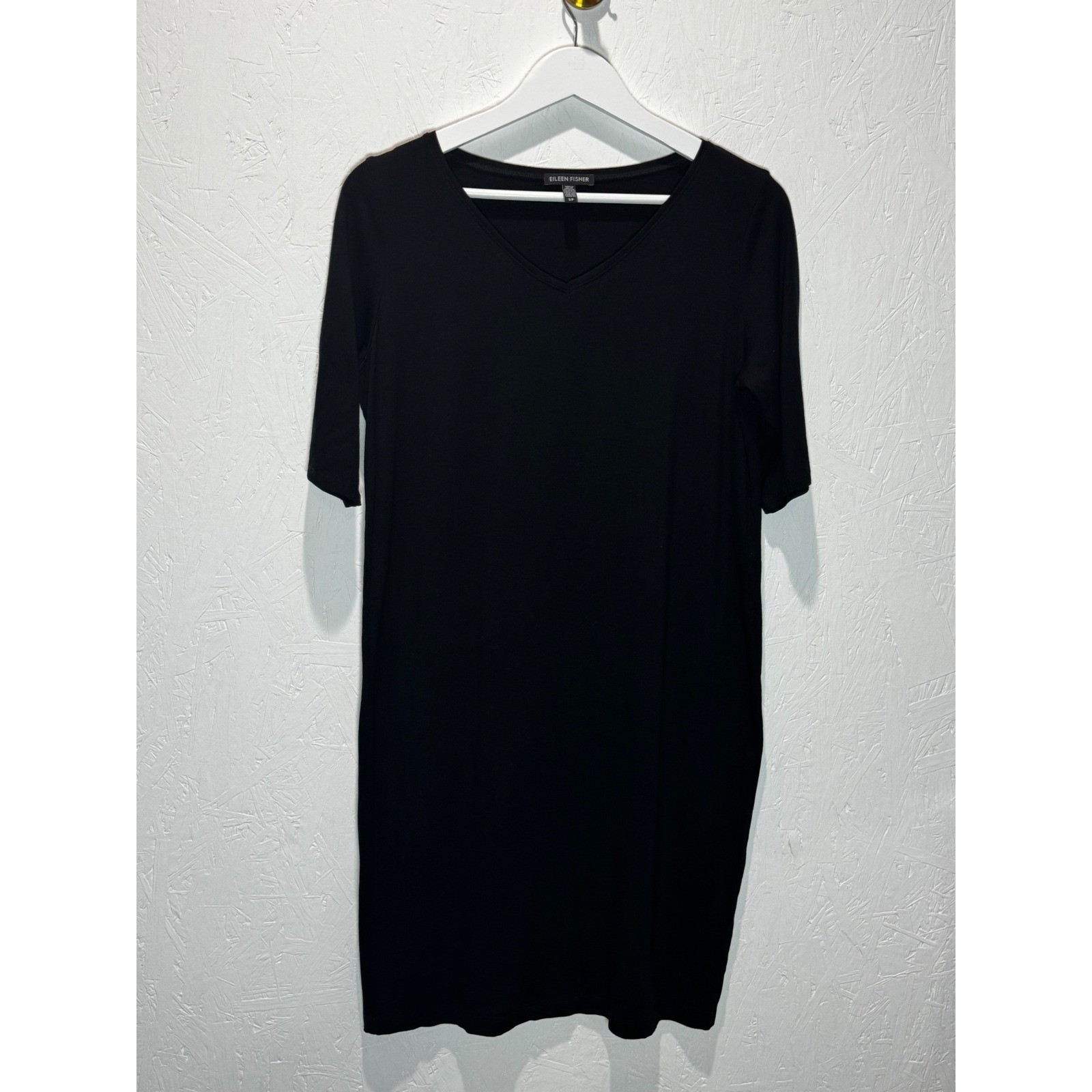 Eileen Fisher Black Tencel Lyocell V-Neck Shift Dress Elbow Sleeve Small S/P