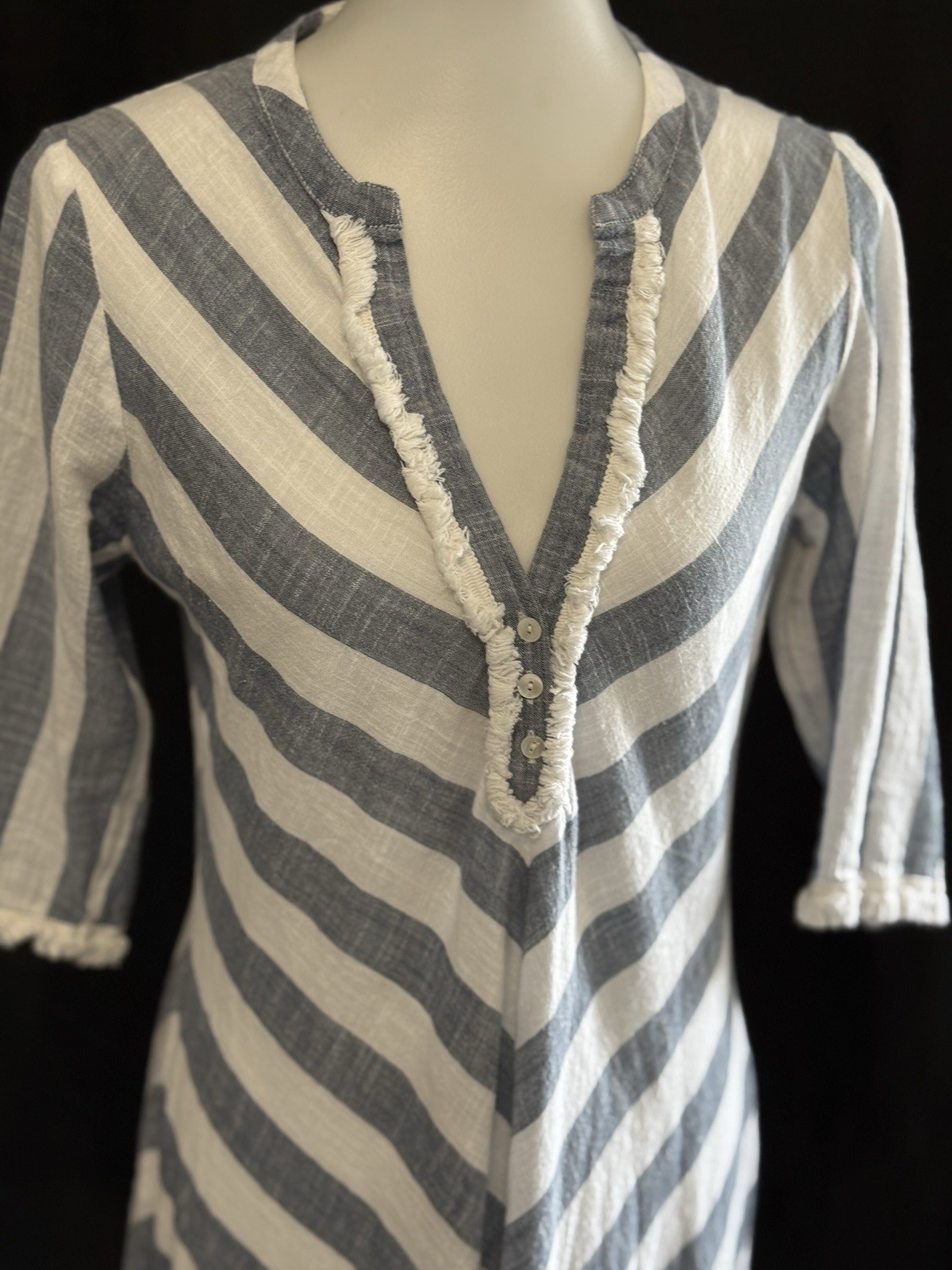 Roller Rabbit Berenice Caftan Midi Dress Striped Tassel Hem Bohemian Blue XS