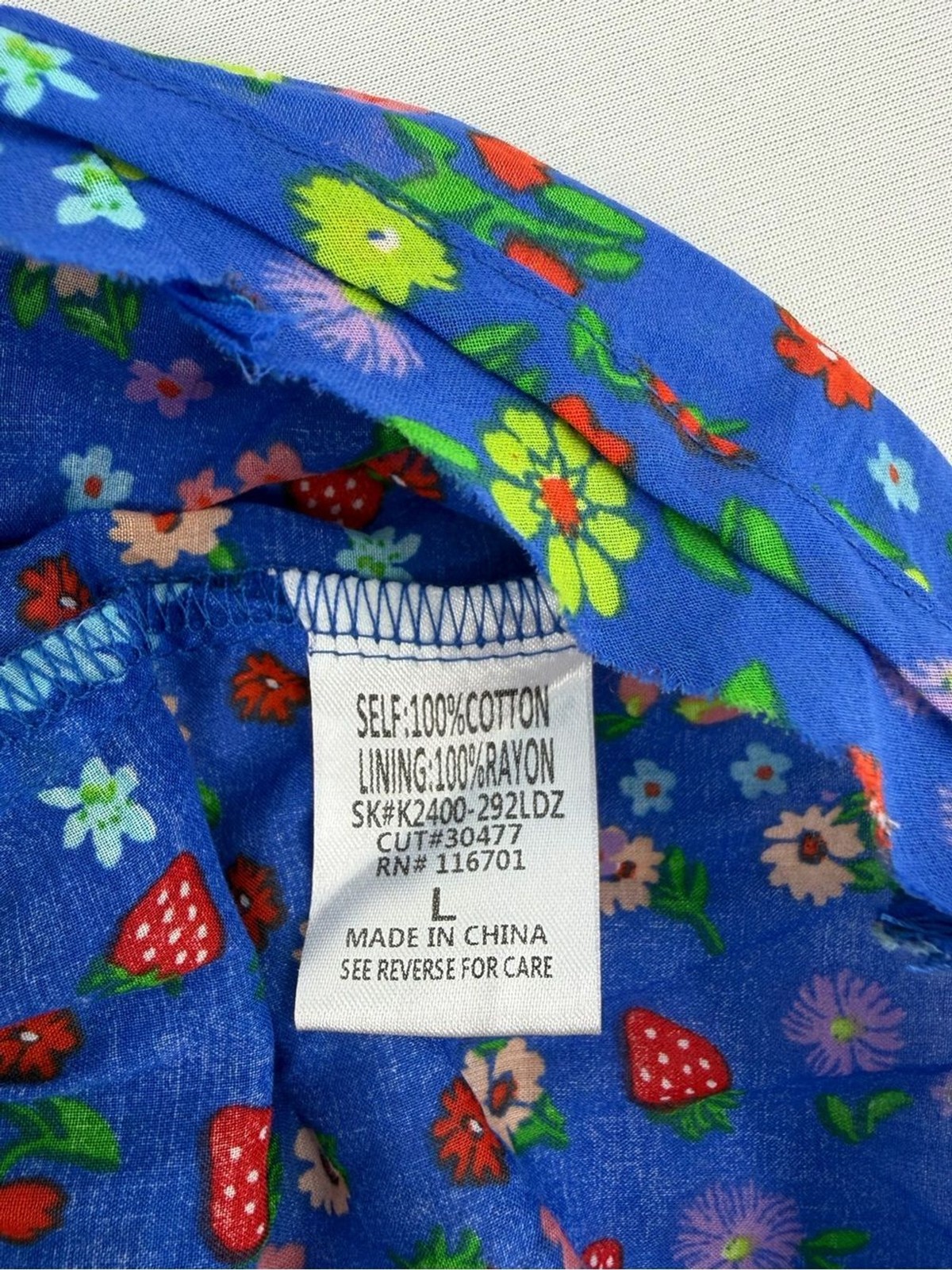 Blue Strawberry Floral Puff Sleeve Tiered Mini Dress L Cottagecore cotton euro