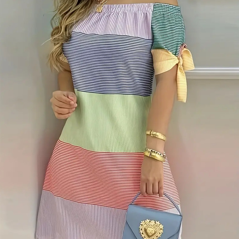 Women’s M Pullover Off Shoulder Shift Sundress Petal Sleeve Striped Colorblock