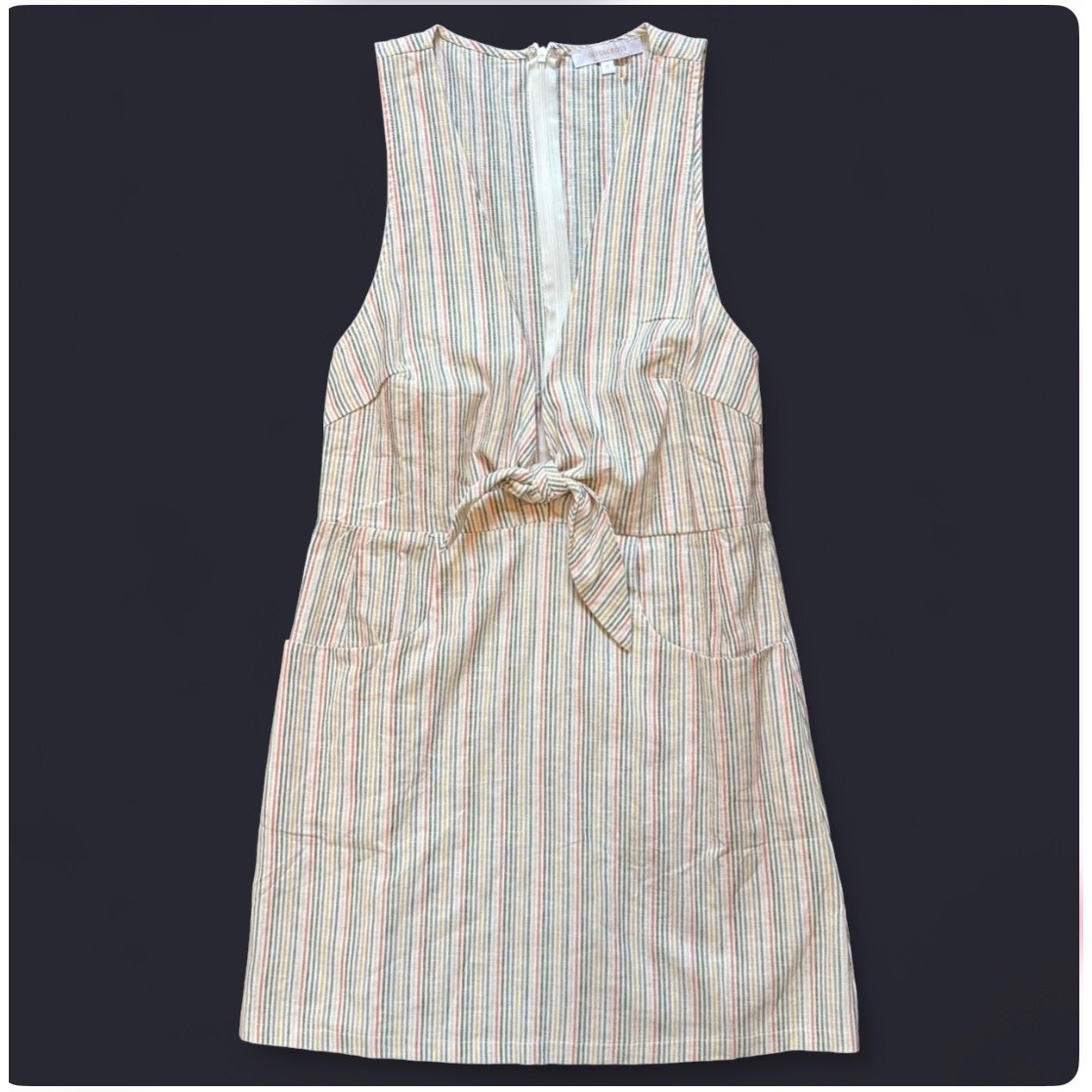 Olivaceous Linen Blend Striped Dress S Plunge V Front Knot Pockets NWT