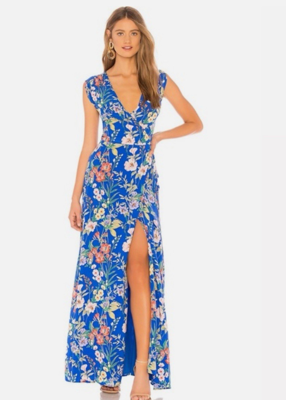 Yumi Kim Swept Away Maxi Dress 100% Silk Blue Multi Floral Size Small