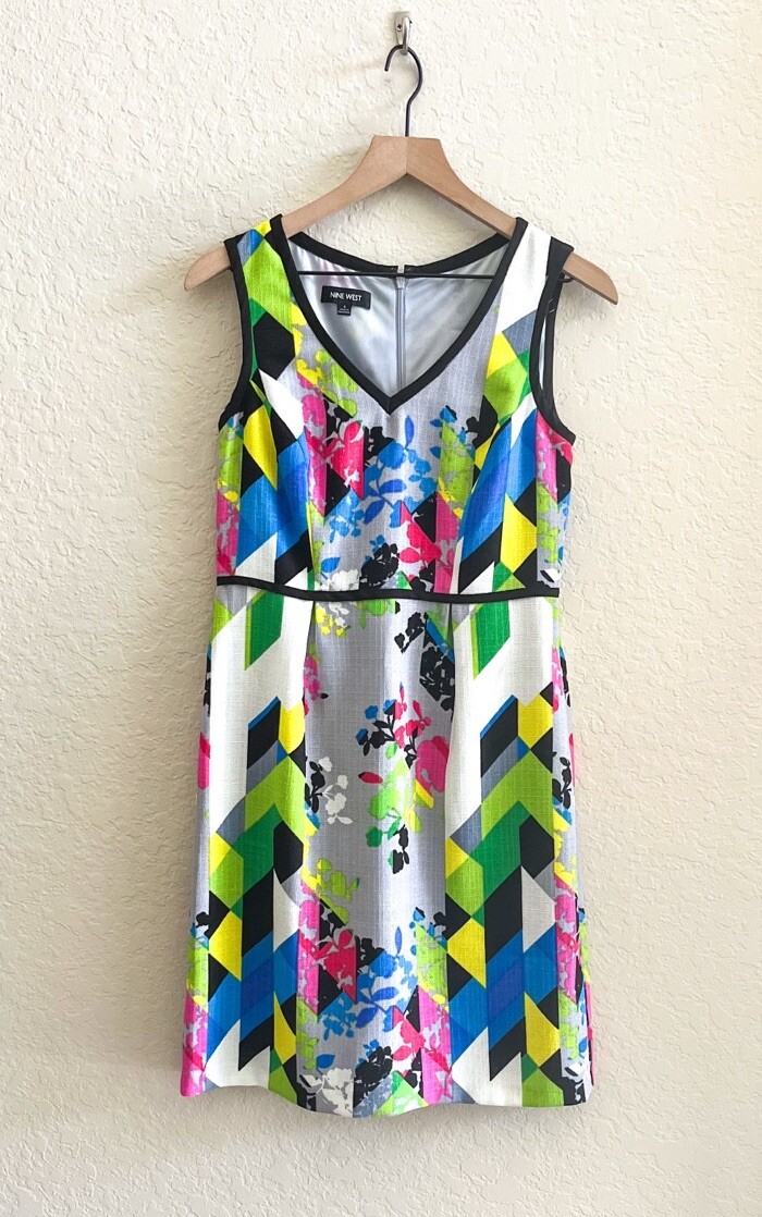 NINE WEST Retro Modern Floral Geo Sleeveless Colorblock Sheath Dress Women’s 4