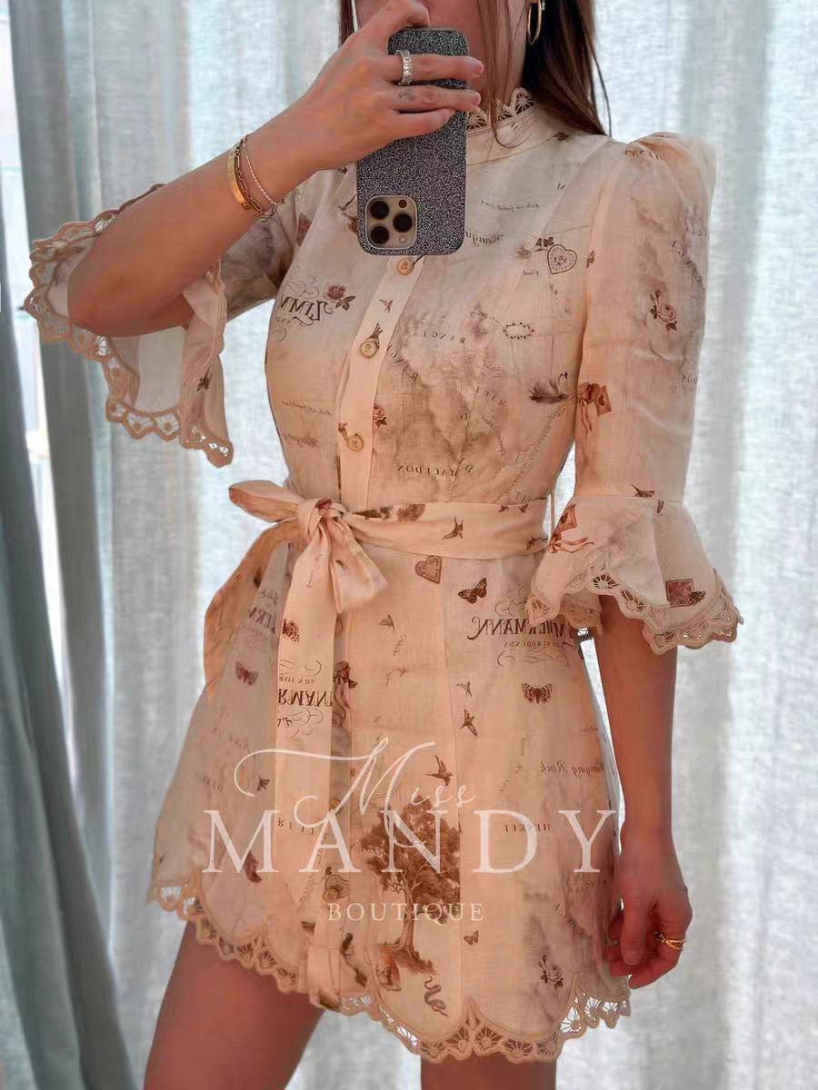 NWT Zimmermann Resort Stand Collar Map Print Flutter Sleeve Belted Mini Dress