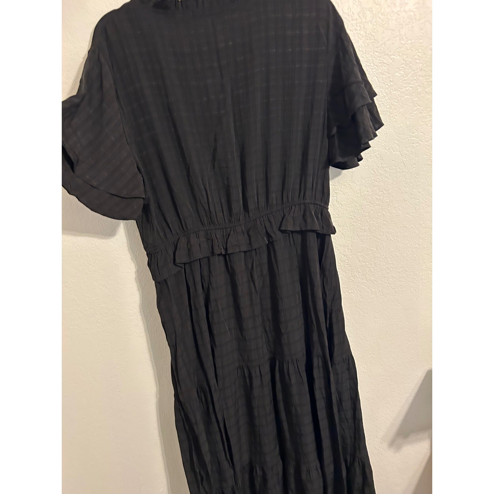 Black Grid Textured Tiered Maxi Dress XL Ruffle V-Neck Flutter Sleeve