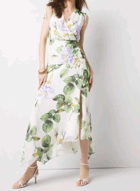 White House Black Market Ruched Midi Dress Forever Floral Hem Ecru NWT $170 14