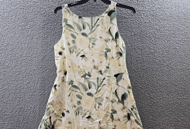 Anne Klein Linen Blend Floral-Print Tie-Waist Dress Women’s 12 White Dove Multi