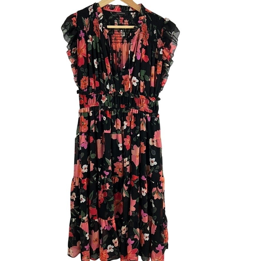 Olivaceous Floral Midi Dress Womens Large Black Pink Smocked Ruffle Tiered