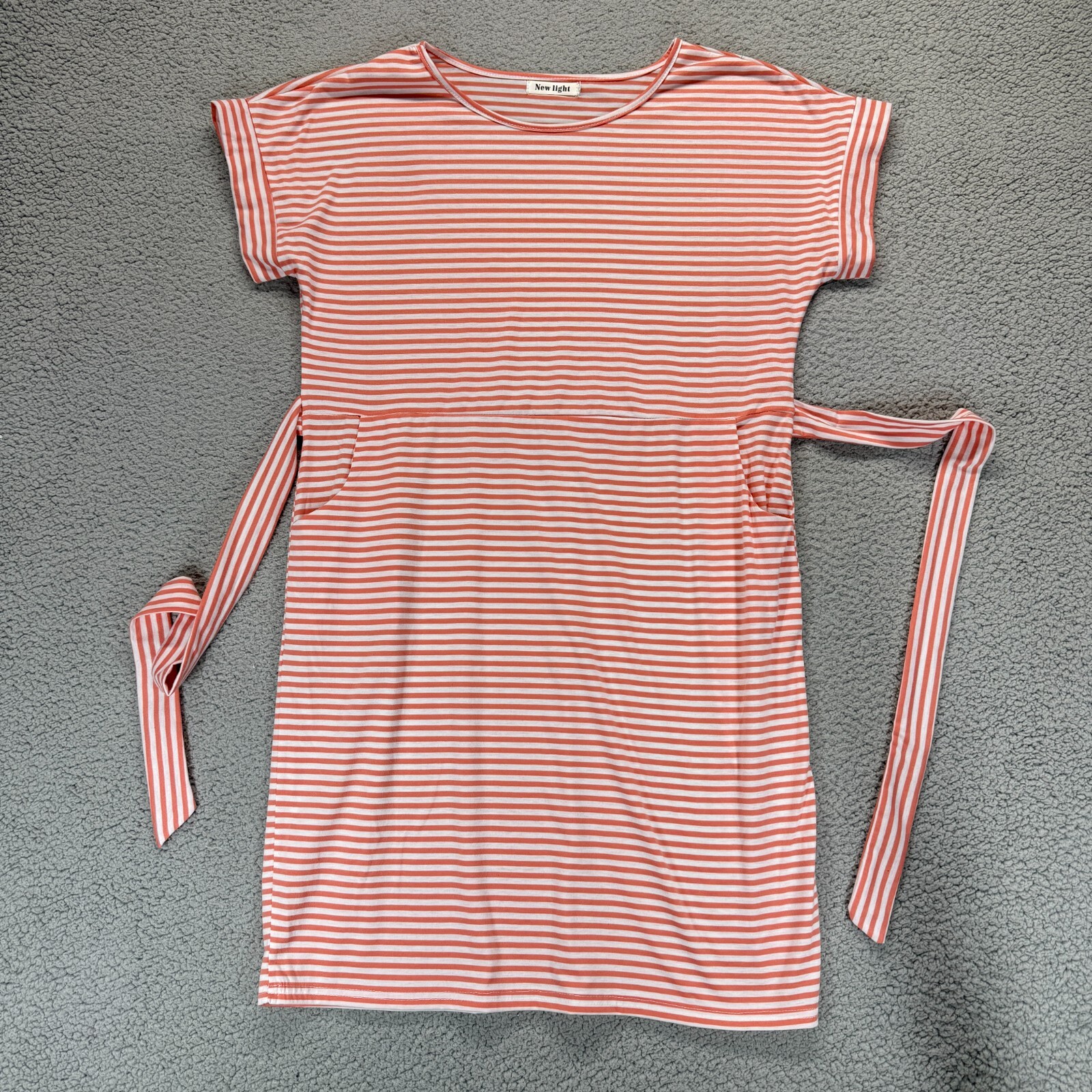 New Light Womens T-Shirt Dress Coral White Stripe Pockets Tie Waist Polyester XL