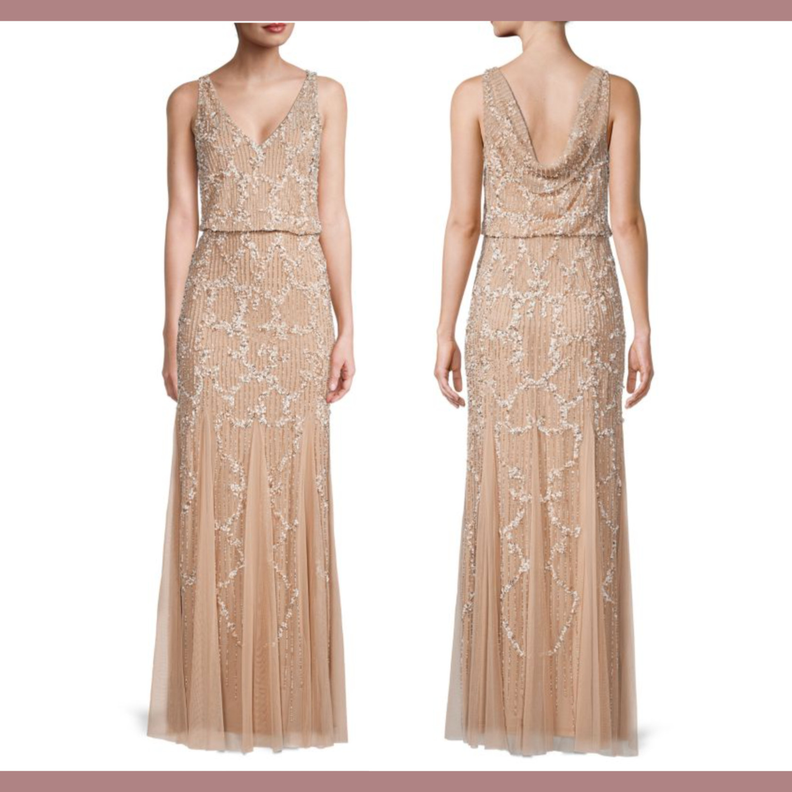 NWT $329 Adrianna Papell [ 14 ] Embellished Cowl-Back Gown in Champagne #G1167
