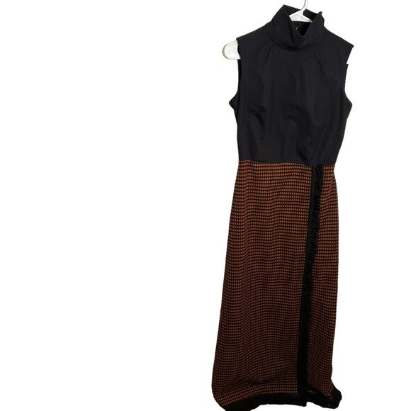 Vintage Women’s Dress Sleeveless Black Textured Black Tan Dots Skirt Fringe Mock