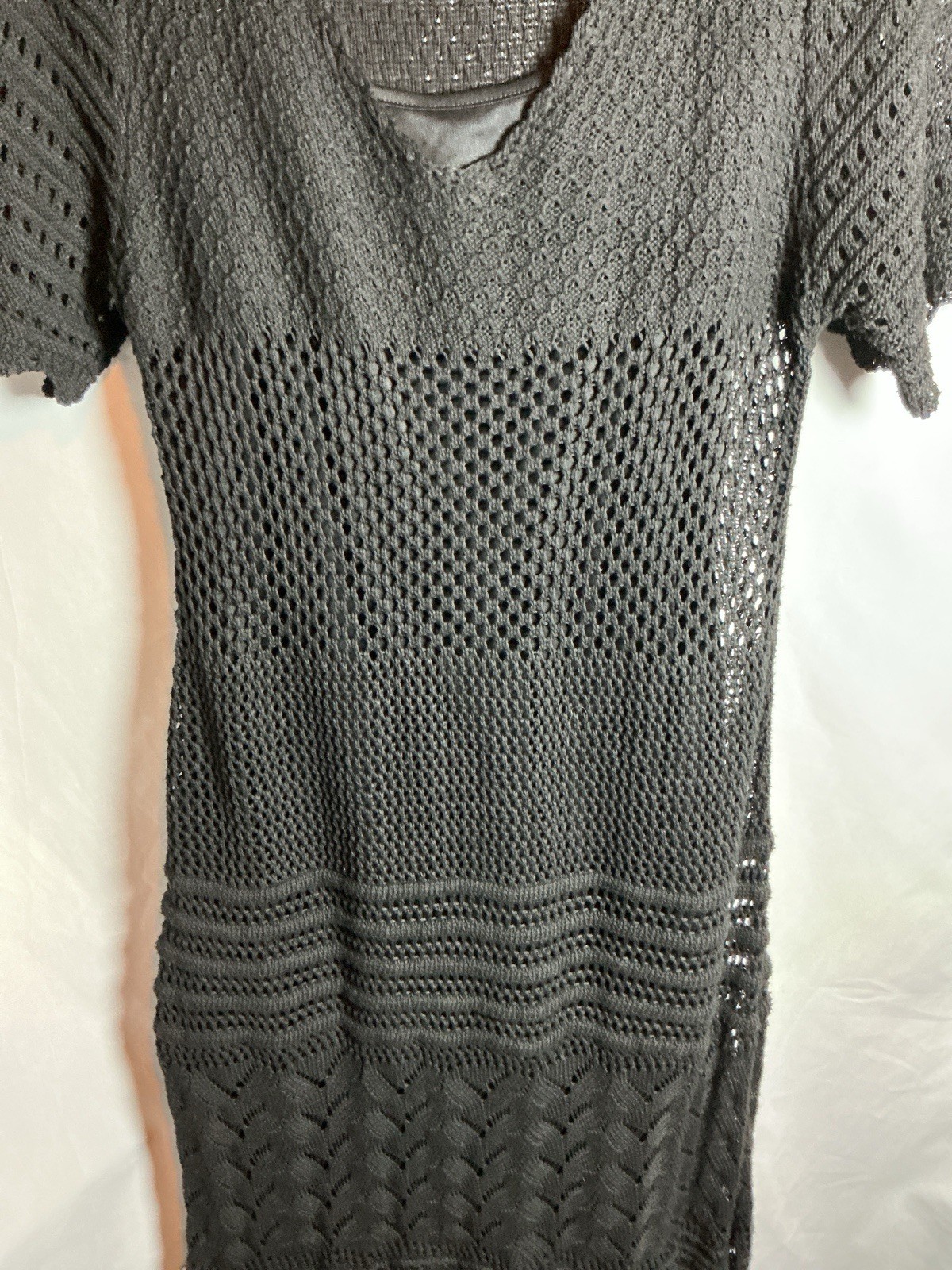 Solitaire Black Crochet Maxi Dress Lined V-Neck Short Sleeve Acrylic Polyester L