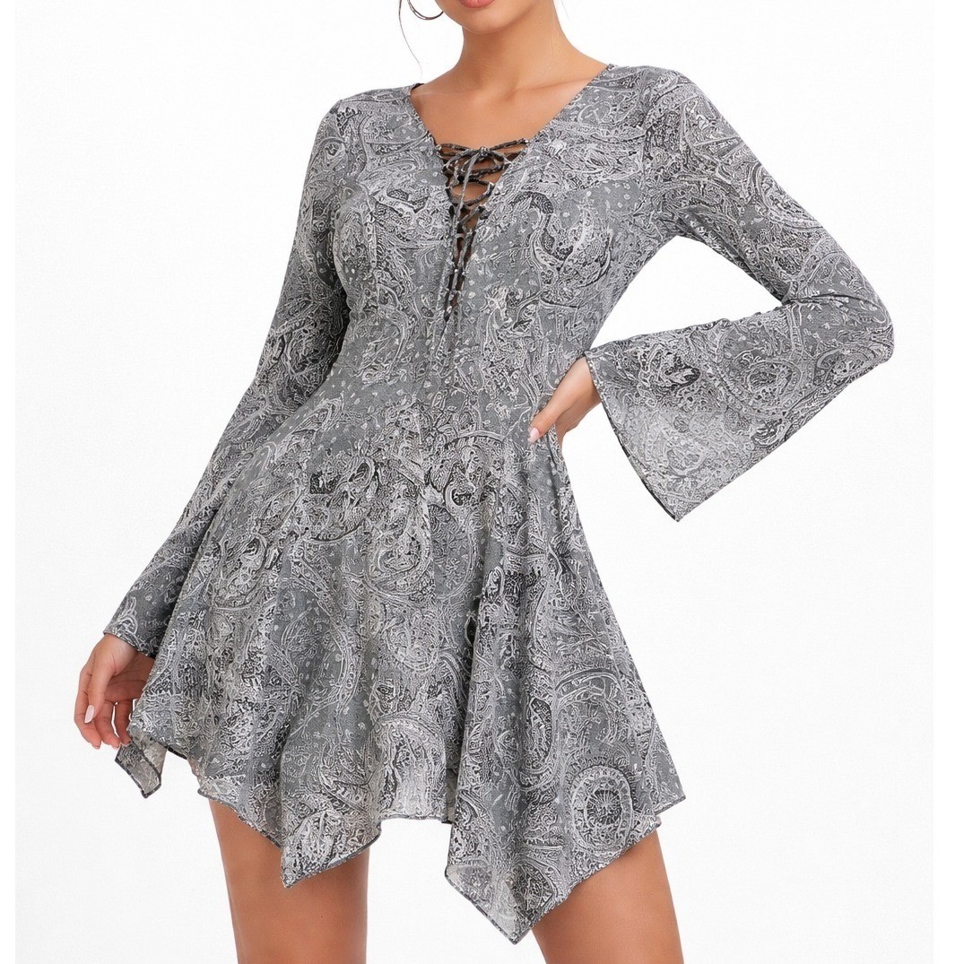 ASOS Design Paisley Lace Up Mini Dress Bell Sleeve Handkerchief Hem Size 12 Boho