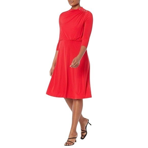 London Times Red Gold Buttons Blouson Midi Dress Size 6 Stretch All-Season