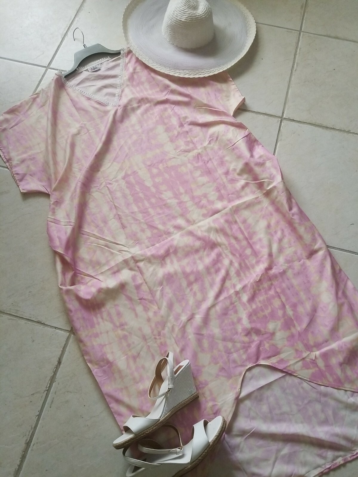 Lulla by Bindya Dress Kaftan Boho Tunic Tie Dye Pink Silky ONE SIZE RuchedNWT$95