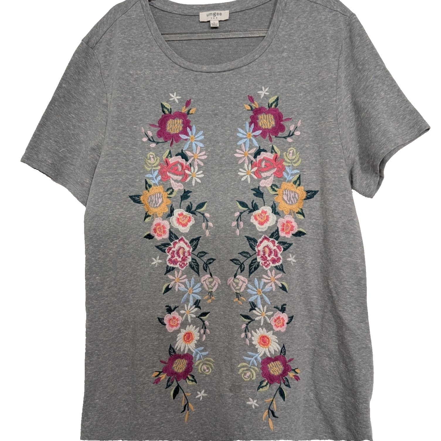 Umgee Embroidered Floral T Shirt Dress Womens Size Large Gray Short Sleeve