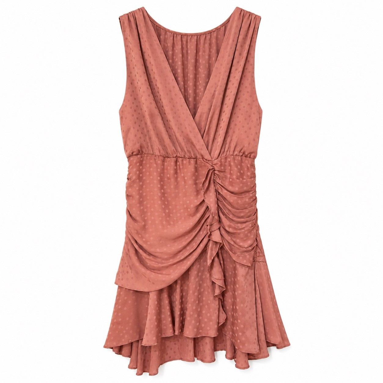 STORIA Ruched Ruffle Mini Dress Women’s M Rust Polka Dot Sleeveless V Neck