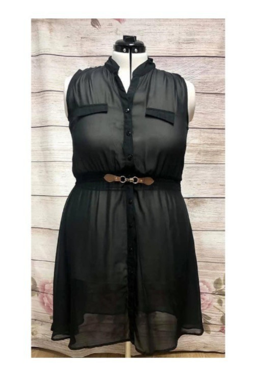 R n B black chiffon dress with attached belt. Size xl.