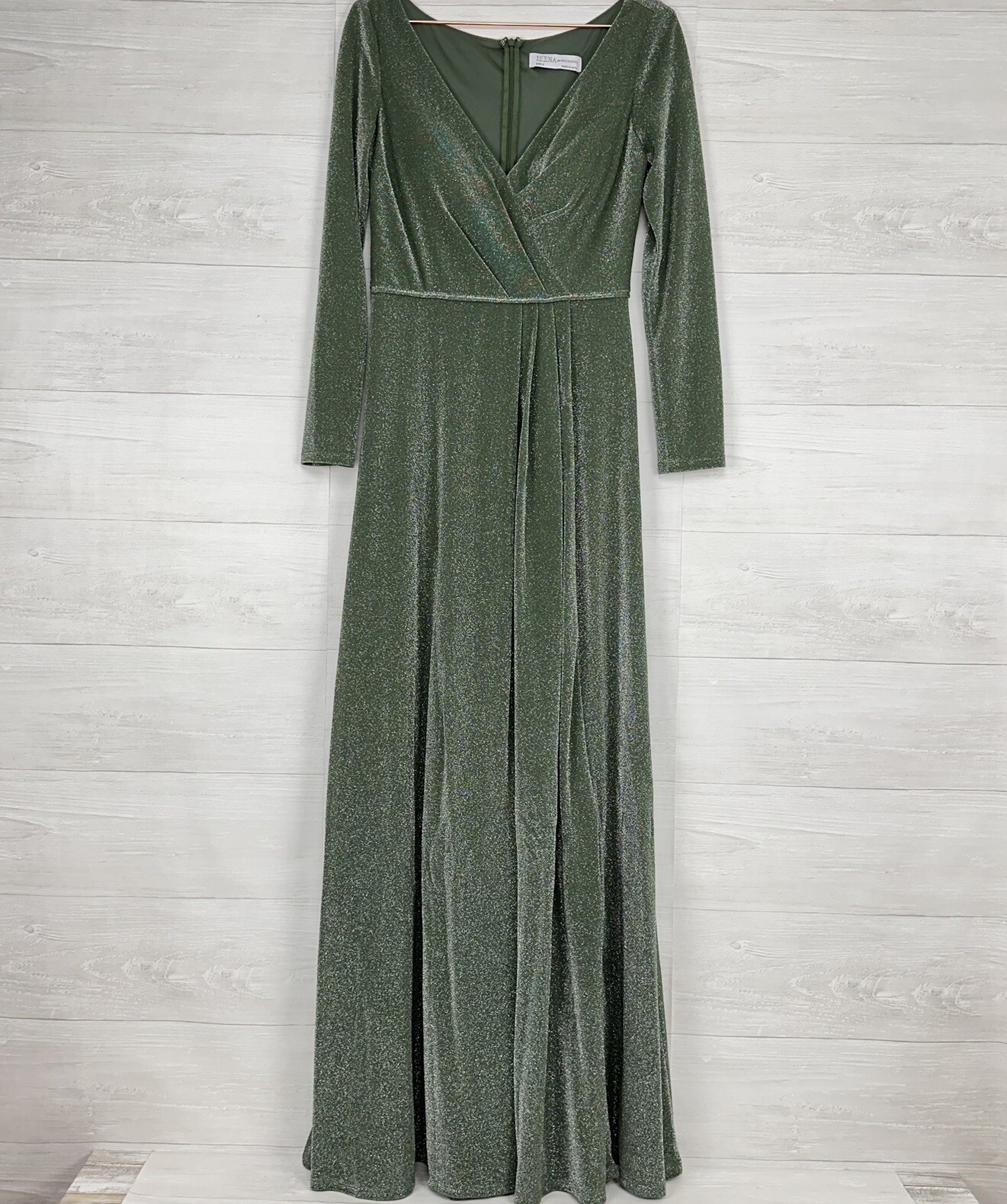 Mac Duggal Ieena Evening Gown Size 6 Long Sleeve Faux Wrap Jade Green Sparkly