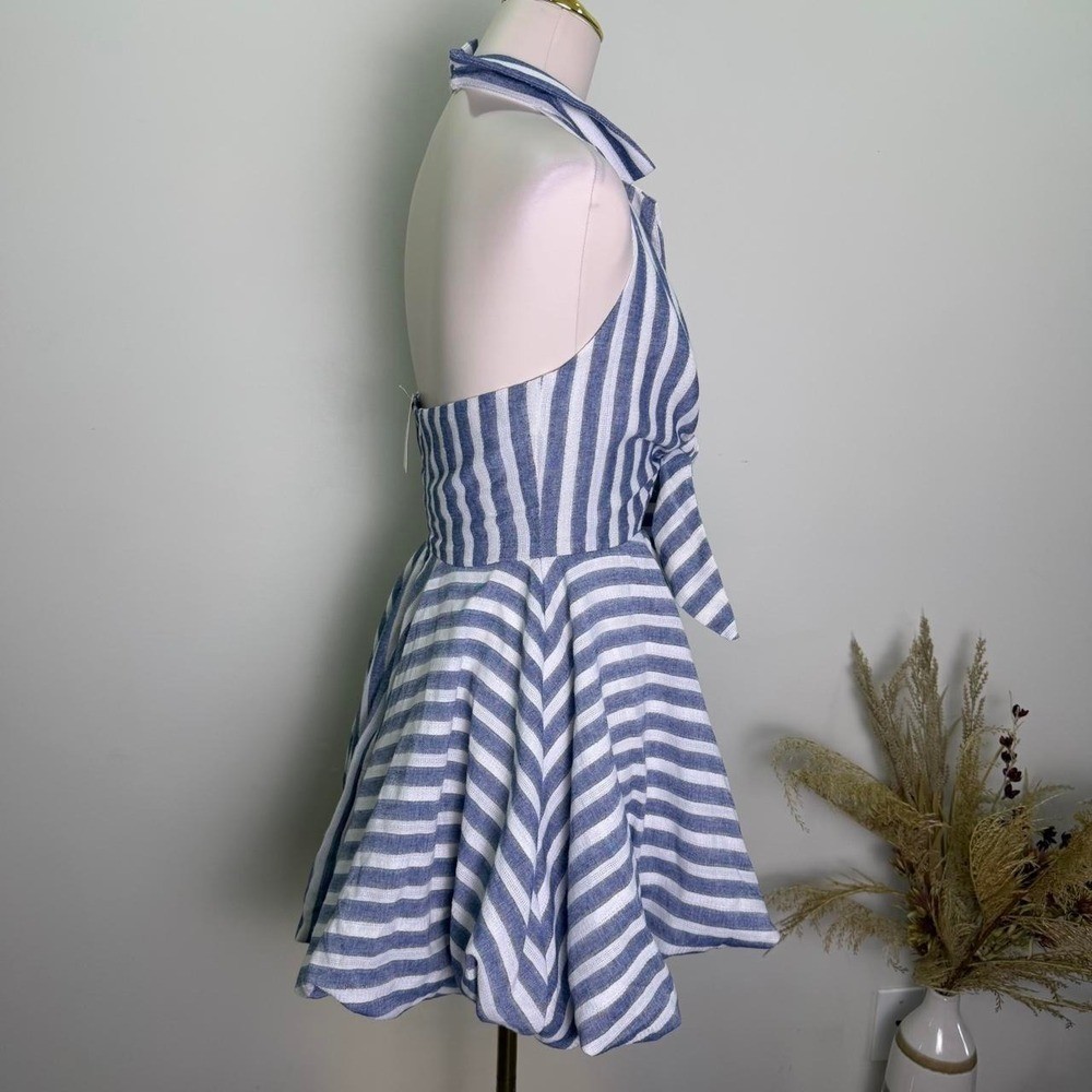 Luxxel S Blue & White Stripe Tie-Front Halter Bubble Mini Dress