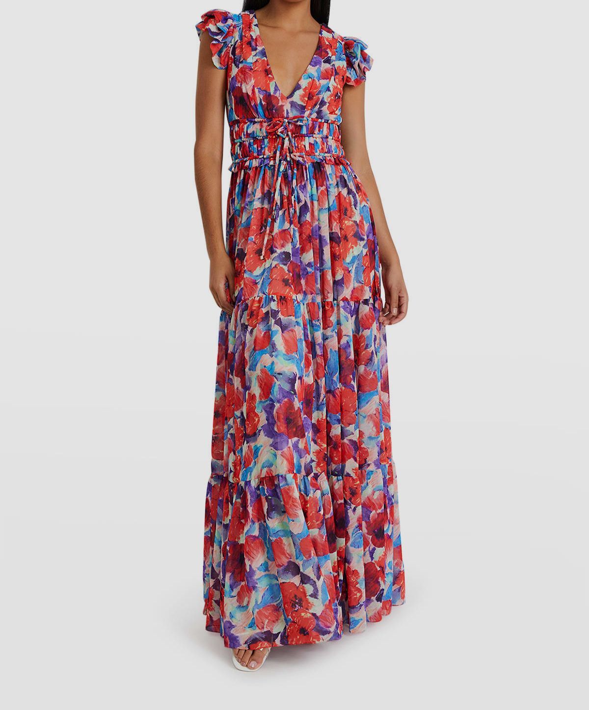 $695 PatBO Women’s Red Floral Self-Tie V-Neck Maxi Dress Size US6