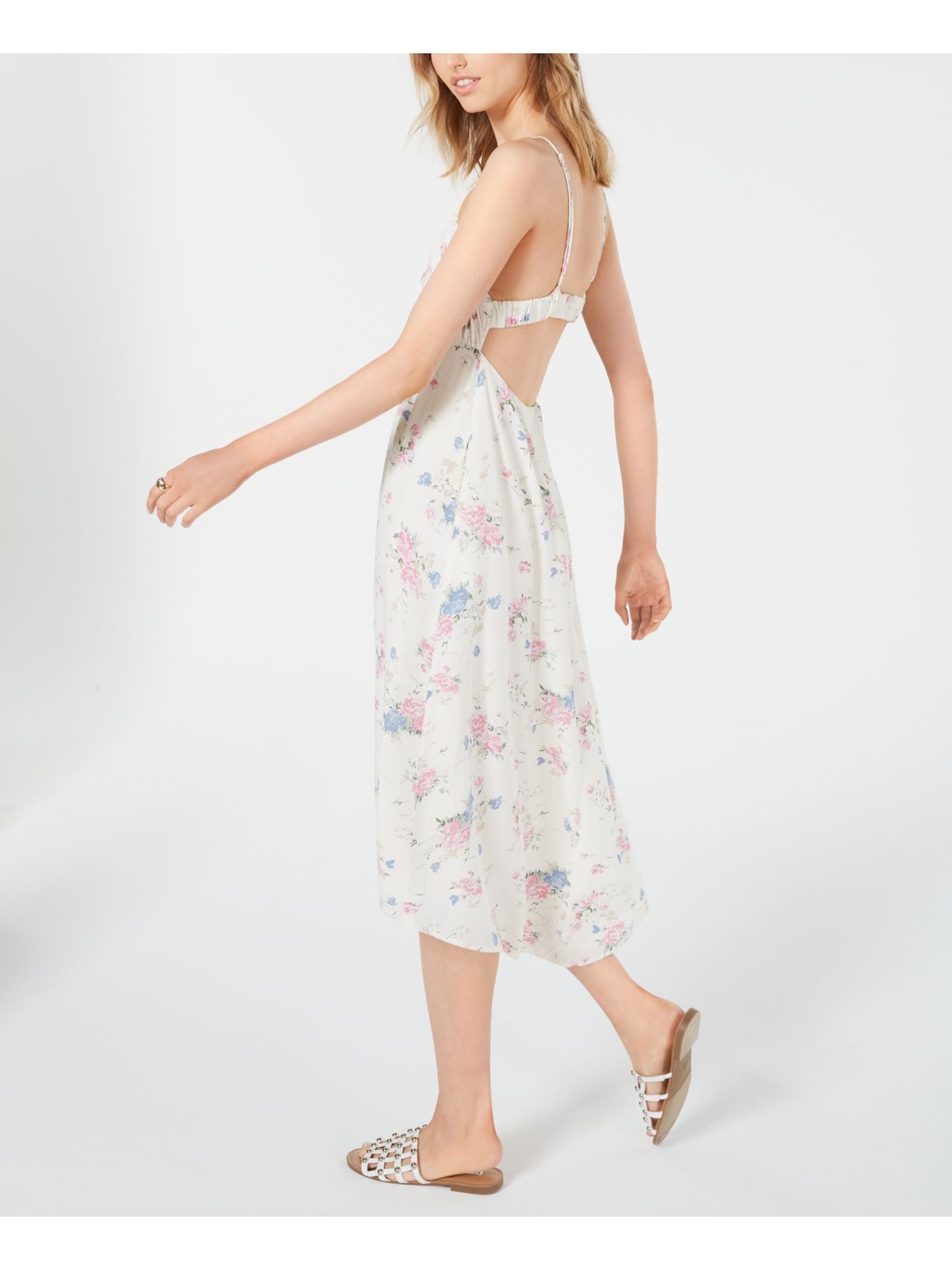 LEYDEN Womens White Floral Spaghetti Strap V Neck Midi Pleated Dress L